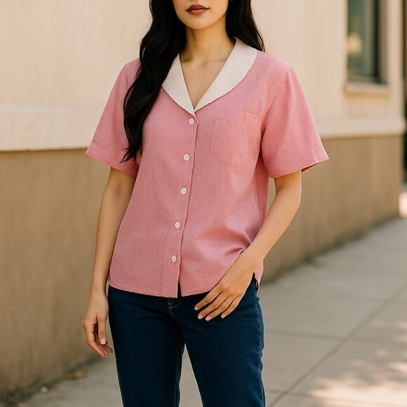 Ralph Lauren Red Vintage 1980s White Striped Cotton Button Down Blouse